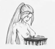 drawing giantess monochrome large_breasts buildings smiling ponytail unknown_artist looking_down no_background