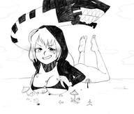 drawing blushing monochrome large_breasts beach breast_crush smiling lying_down unknown_artist bottomless outdoors hood