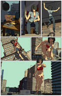 drawing growth giantess city comic black_hair short_hair unknown_artist running jumping outdoors panels