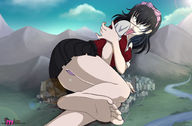 drawing giantess panties city upskirt black_hair color long_hair tongue toes barefoot buildings soles lying_down tongue_piercing earrings hairband sugarnhoney eyepatch kakegurui
