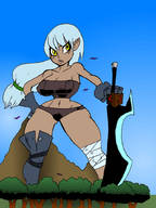 drawing white_hair long_hair sword unknown_artist standing forest dark_skin outdoors legs_spread hand_on_hips skimpy_clothing pointed_ears