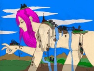 drawing giantess nude giga city color long_hair destruction pink_hair crawling outdoors projecthazoid convenient_censorship