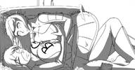 drawing giantess monochrome long_hair clothed huge_breasts lying_down unknown_artist looking_down giantesses looking_up groping cramped between_breasts