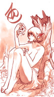 drawing monochrome handheld barefoot cleavage topless shrunken_man looking_at_tiny pointed_ears cheunchin