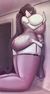 drawing blushing black_hair long_hair huge_breasts chibibiscuit ponytail mini_giantess kneeling looking_down hugging indoors big_butt thick_thighs