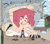breasts drawing growth giantess color long_hair destruction outgrowing_building embarrassed red_hair looking_down indoors ripped_clothing dialogue cramped geoligar