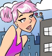 drawing giantess clothed buildings smiling pink_hair short_hair looking_up outdoors flowers hair_bun 2wenty_1