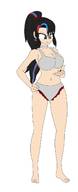 drawing giantess black_hair large_breasts long_hair handheld underwear ponytail unknown_artist looking_down earrings no_background heterochromia