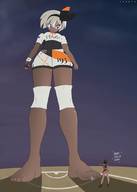 drawing giantess white_hair pokemon panties upskirt color blue_eyes clothed toes barefoot short_hair looking_down dark_skin pinned under_foot white_panties looking_at_tiny bea_(pokemon) scorbunny gloria_(pokemon) femdva