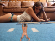 collage long_hair brunette lying_down unknown_artist kneeling worship shrunken_man bikini_bottom bracelet