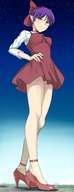 drawing blushing giga destruction clothed high_heels purple_hair dress short_hair pointed_ears rakia