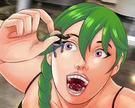 drawing vore long_hair tongue saliva green_hair ponytail open_mouth between_fingers pinched holding_over_mouth swgtsdrawing