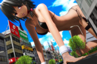 bikini giantess city black_hair cleavage red_eyes crawling looking_down digital_render maxムトマト