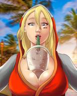 drawing vore blonde color large_breasts long_hair cleavage shrunken_people looking_down drinking alexia straw between_breasts swgtsdrawing