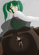 drawing clothed glasses butt_crush green_hair unknown_artist pigtails unaware shrunken_woman looking_down indoors