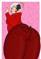 drawing white_hair black_hair large_breasts butt clothed unknown_artist surprised looking_down on_butt no_background extra_eyes
