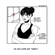drawing monochrome cleavage blood short_hair dialogue no_background chewing hair_bun arms_folded cutaway guireyart10 guirey