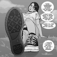 drawing crush monochrome black_hair long_hair sitting looking_down shoe_crush outdoors tinies dialogue guireyart10