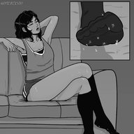 drawing monochrome black_hair long_hair sweat socks sitting indoors tinies closed_eyes on_foot sofa guireyart10