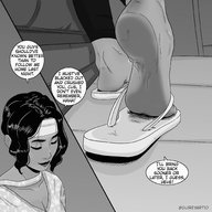 drawing monochrome black_hair toes barefoot cleavage soles short_hair looking_down dark_skin flip_flops dialogue guireyart10
