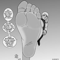 drawing monochrome long_hair toes barefoot soles shrunken_woman shrunken_man looking_down raised_foot bracelet dialogue running_away imminent_crush guireyart10