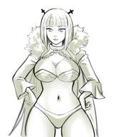 drawing monochrome large_breasts unknown_artist shrunken_man looking_down fairy_tail no_background skimpy_clothing brandish between_breasts