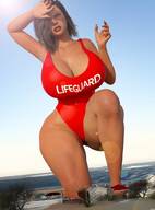 breasts giantess mega large_breasts swimsuit beach cleavage water ocean brunette thighs lifeguard digital_render gtsx3d