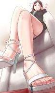 drawing panties blushing upskirt long_hair high_heels brunette unknown_artist foot_worship sitting shrunken_man looking_down suit office_lady open_toe