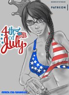 bikini breasts drawing giantess monochrome cleavage glasses smiling sitting crown shrunken_man looking_down braid no_background looking_at_tiny flag_bra kasumikills 4th_of_july