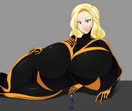 drawing giantess blonde long_hair huge_breasts smiling lying_down unknown_artist looking_down freckles no_background extra_arms skintight_clothing