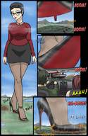 drawing giantess crush large_breasts destruction clothed skirt high_heels glasses short_hair unknown_artist walking shoe_crush necklace
