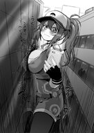 drawing giantess pokemon blushing monochrome large_breasts long_hair clothed ponytail unknown_artist phone looking_down hat japanese_text between_buildings cramped