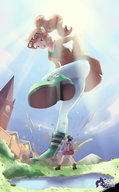 drawing giantess pokemon city color blue_eyes clothed glasses multiple_sizes boots surprised foot_crush looking_down open_mouth mountains giantesses lake outdoors jacket gamefreakdx dynamax sonia_(pokemon) pokemon_sword_and_shield gloria_(pokemon)
