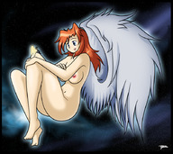 breasts drawing gentle giantess nude wings space color blue_eyes barefoot blazbaros orange_hair looking_at_tiny