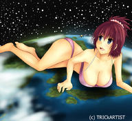 bikini drawing giantess giga space color blue_eyes planet barefoot cleavage red_hair lying_down stars trickartist satellite
