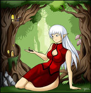 drawing white_hair long_hair handheld cleavage unknown_artist sitting mushroom looking_down forest outdoors thick_thighs pointed_ears cleavage_window