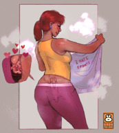 drawing long_hair glasses sweat ponytail shrunken_man looking_down dark_skin steam in_pants bigbig