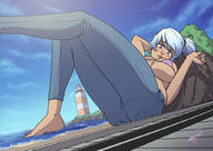 drawing giantess white_hair color beach barefoot cleavage bra water jeans lighthouse pink_eyes looking_at_viewer zerohour99