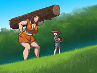 drawing cleavage huge_breasts smiling mini_giantess unknown_artist bending_over walking lifting outdoors closed_eyes log thick_thighs
