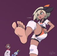 drawing giantess pokemon feet color toes barefoot soles low_angle foot_crush shorts hotbrot bea_(pokemon)