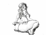 drawing monochrome butt_crush smiling unknown_artist sitting looking_back big_butt no_background skimpy_clothing human_jewelry