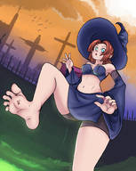 drawing crush toes barefoot soles blood brunette short_hair unknown_artist surprised foot_crush shorts looking_down hat raised_foot skimpy_clothing witch_hat