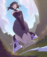 drawing giantess black_hair color buildings kneeling mountains river closed_eyes angelgts