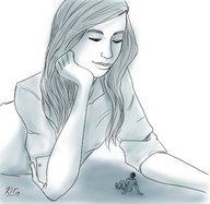 drawing monochrome long_hair lying_down shrunken_man looking_down no_background kitn-underfoot