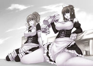 drawing giantess blushing monochrome long_hair clothed ponytail unknown_artist sitting giantesses maid_uniform truck