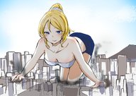 giantess city blonde large_breasts destruction cleavage ponytail unknown_artist crawling smoke outdoors