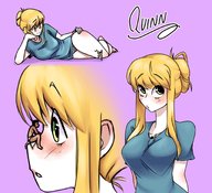drawing panties blushing blonde large_breasts long_hair no_background on_nose sweat_drop between_breasts hollewdz