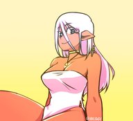 drawing large_breasts long_hair cleavage purple_hair sitting shrunken_man dark_skin choker necklace on_shoulder no_background pointed_ears hollewdz