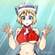 drawing blushing blonde short_hair tie shrunken_man hat soul_eater no_background stuck_to_breast tight_clothing hollewdz patricia_thompson
