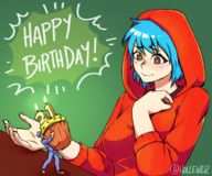 drawing blushing large_breasts blue_hair smiling short_hair looking_down hoodie cupcake no_background hollewdz